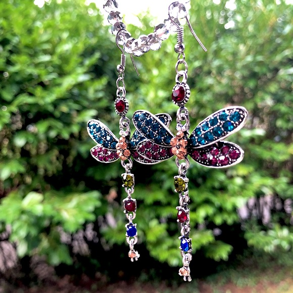 Dragonfly earrings large dangle hook silver rhinestones whimsical vintage - Picture 9 of 9